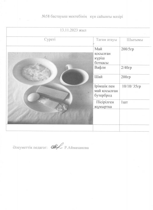 Мектептегі күнсайынғы ас мәзір