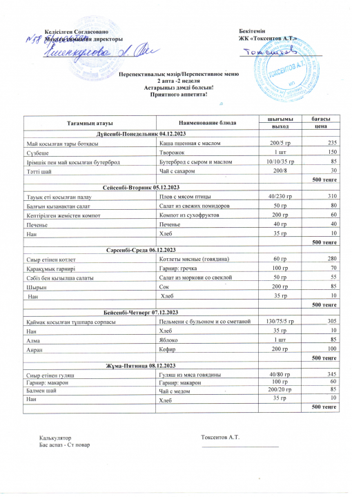 Мектептің апталық ас мәзірі