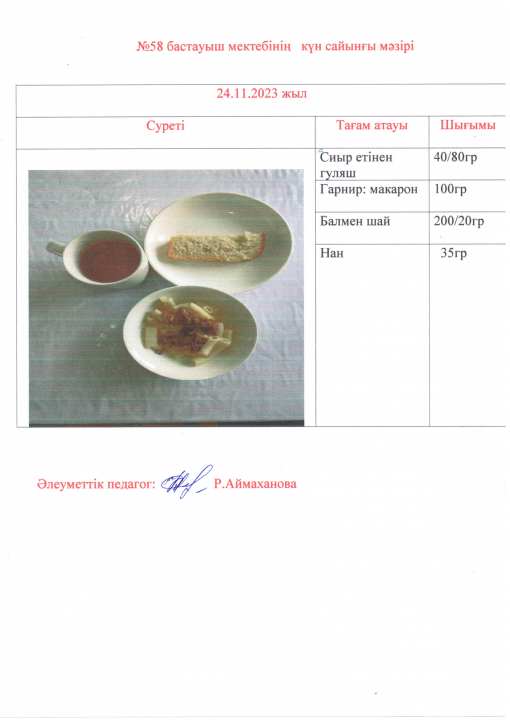 Мектептің күндік ас мәзірі