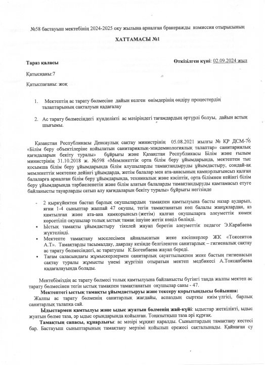 2024-2025 оқу жылына арналған бракеражды комиссия отырысының  хаттамасы №1